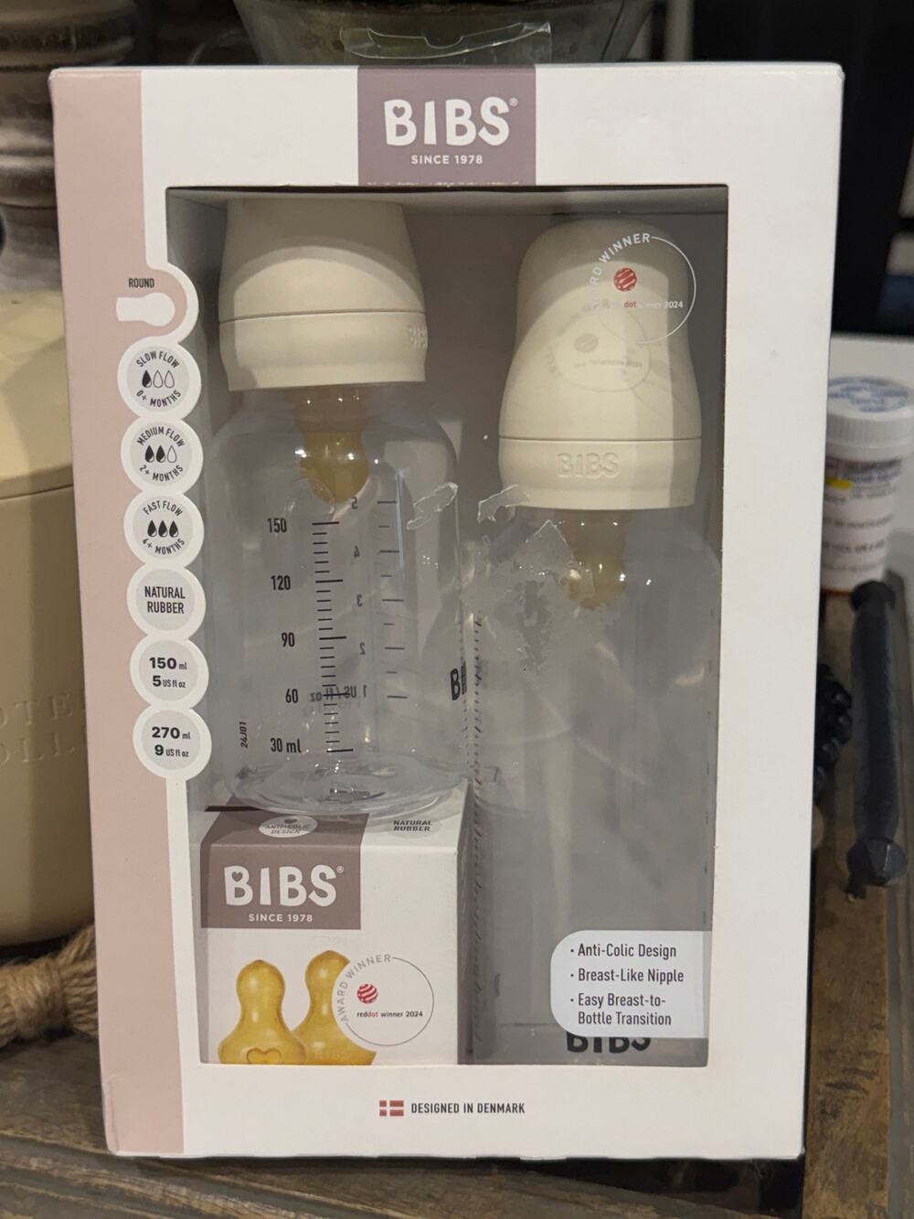 BIBS Grow & Flow Baby Bottle Set Ivory 5oz 9oz Natural Rubber NIB
